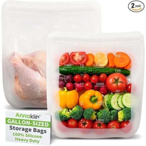 100% Silicone Gallon Storage Bags, Extra Large Reusable 1 Gallon Silicone Storage Bags Stand-Up Zip-Lock Leakproof for Bulk Food & Large Portions, Freezer Microwave Sous Vide Dishwasher Safe, 2 Pack
