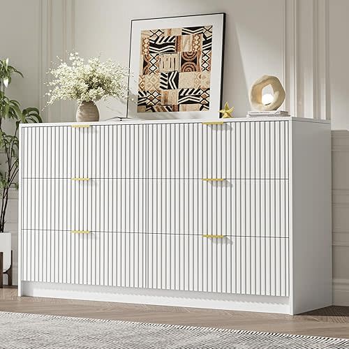 White 6 Drawer Dresser for Bedroom, 55" Wide Modern Chest of Drawers with Gold Metal Handles, Fluted Wood TV Stand for Living Room, Hallway