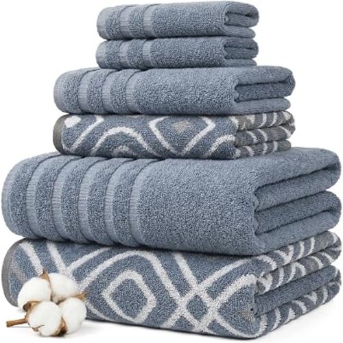 Modern Threads 6 Piece Bath Towel Set – Bathroom Set with 2 Bath Towels, 2 Hand Towels, and 2 Wash Cloths – 100% Cotton, Super Absorbent & Extra Soft – Reversible Classic Diamond (Blue)