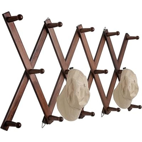 SCUNDA 16 inch High Accordion Wall Hanger with 14 Hooks, Wooden Wall Expandable Coat Rack for Coat, Hats, Baseball Caps, Coffee Mug, Jewelry