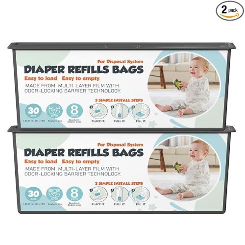 Diaper Pail Refills Bags with 30 Bags Compatible with Genie Easy Roll Signature and Platinum Diaper Pails, 7-Layer Odor-Barrier Technology, 2 Pack (60 Bag)