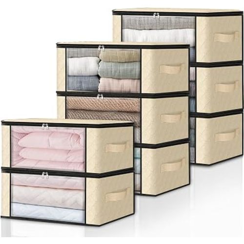 HomeHacks Storage 8-Pack Clothes Organizer Storage Bags Foldable Storage Box with Large Clear Window Sturdy Handles for Closet, Dorm, Pillows, Bedding, Clothes, Blankets, 35L, Beige
