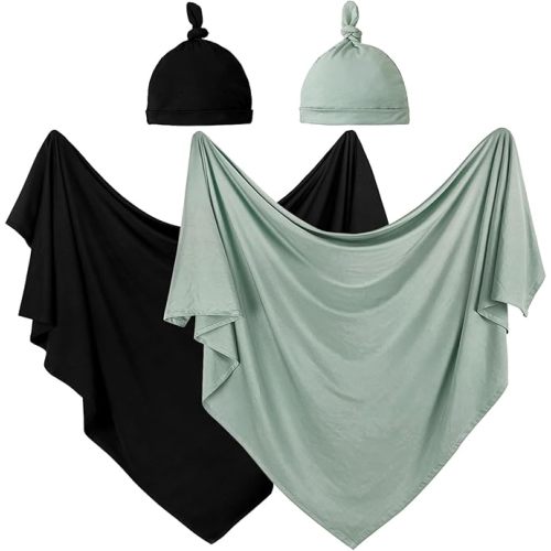 OWLOWLA 2Pack Newborn Swaddle Blanket with Hat Set Baby Wrap Swaddle Receiving Blanket Boys Girls