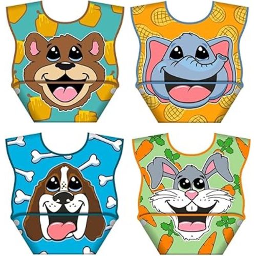 LA Baby Crumb Snatcher Waterproof Pocket Bib Small, Catch-All Pocket Design, 4-Pack (Hippo, Frog, Dolphin, Tiger)