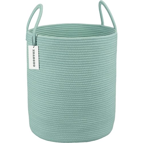 Light Green Cotton Rope Laundry Basket Hamper for Clothes Woven Storage Basket for Living Room Bedroom Boho Tall Rope Baskets for Blanket Toys Pillow Towels Baby Nursery Hamper Bin Large