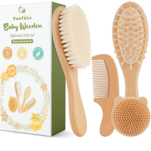 Yoofoss 4 Piece Baby Brush and Comb Set, Wooden Baby Brush with Natural Ultra Soft Goat Hair, Baby Hair Brush for Newborn, Baby Brush Set for Boy Girl