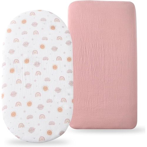 TADO MUSLIN Organic Cotton Muslin Bassinet Sheets, 2 Pack – Soft, Breathable, Universal Fit for Oval, Rectangle & Hourglass Mattresses, Machine Washable, Neutral Colors for Baby Boys & Girls