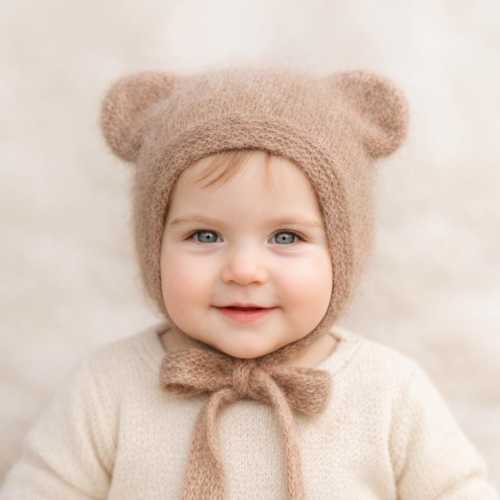 Luxury Alpaca Silk Bear Bonnet – Handmade Baby Hat – Fluffy Newborn Winter Hat – Heirloom Baby Gift – Knit in Germany