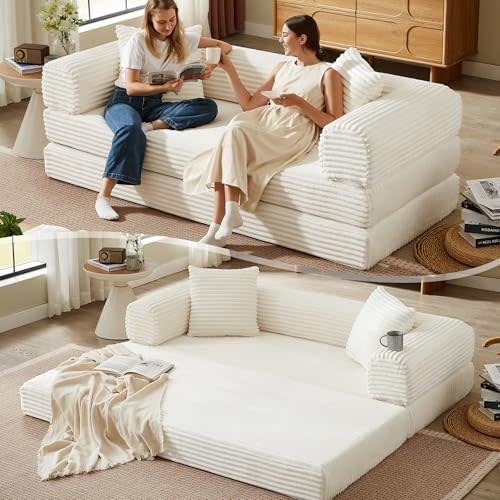 Boneless Couch Versatile Couches for Living Room No-Install Sofa Bed Corduroy Futon Soft Cloud Couch with Pillows for Bedroom Game Movie (White, 76")