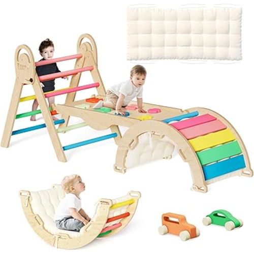 Pikler Triangle Set with Cushion, Montessori Climbing Set, Indoor Climb Toys, Indoor Playground Jungle Gyms, 9 Combinations Climbing Toy Set for Toddler, Baby, Kids 1-4