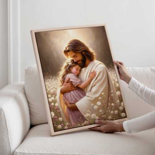 His Warmth | Digital Art | Jesus with Girl | Picture of Christ | Christ with Children | Bible Prints | Jesus Printable | Good Shepherd Art