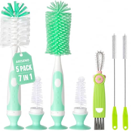 Ariseno 7-in-1 Baby Bottle Brush Set, Nylon & Silicone Bottle Brush - Green | Cleaning Kit With Cap, Straw and Nipple Brushes for Baby Bottles, Breast Pump Parts, Cups and Lids; BPA-free Materials.