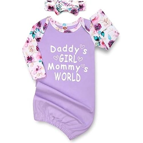 Newborn Baby Girl Gown 0-6 Months, Super Soft Newborn Sleepers Gown, Long Sleeve Infant Nightgown for Girls Boys, Baby Girl Outfit Essential with Headband Set Purple