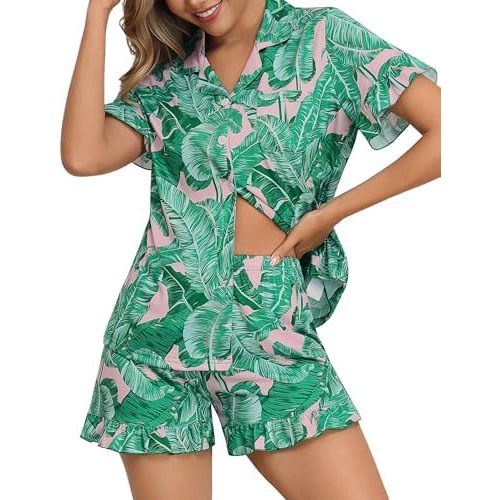 SWOMOG Woman Pajama Set Short Sleeve Pjs Set 2Pcs Short Pajamas Button Down Ruffle Hem Sleepwear Soft Modal Loungewear
