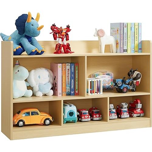 Kids Toy Storage Organizer, 5-Section Bookshelf for Organizing Books Toys, Wooden Storage Cabinet Daycare Furniture for School, Classroom Playroom, Nursery, Kindergarten (Natural)