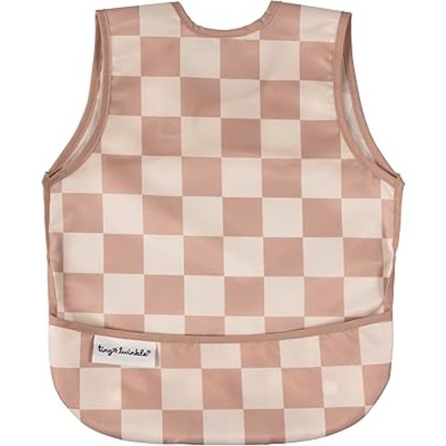 Twinkle Short Sleeve Apron Baby & Toddler Bib – Waterproof, Mess-Proof Bibs for Eating & Feeding, Machine Washable, Perfect Holiday Gift (Brown Checkers, 2-4Y)