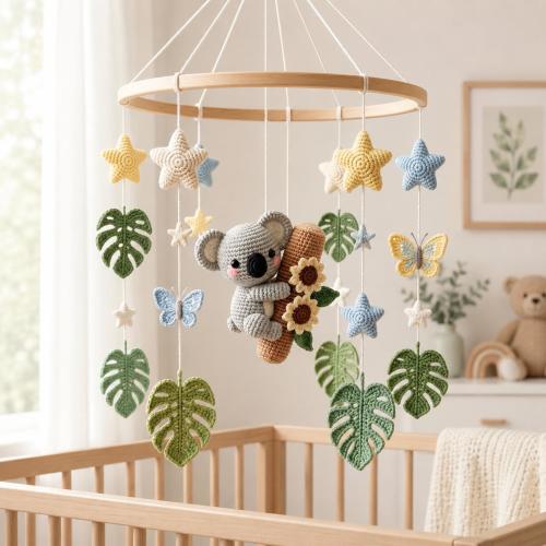 Crochet Koala Baby Mobile, Tropical Leaf & Butterfly Crib Mobile, Sunflower Jungle Nursery Decor, Baby Shower Gift
