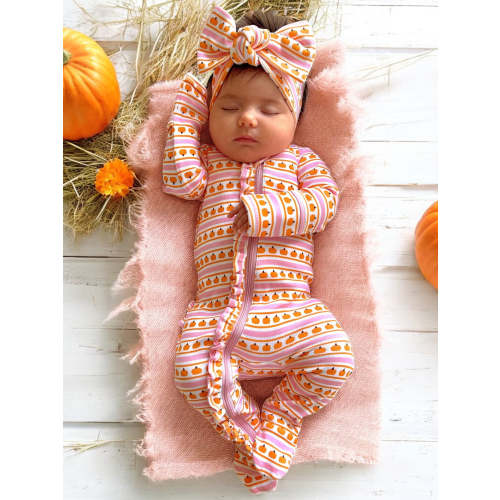 Pumpkin Stripe Pink / Organic Frill Zip Footie