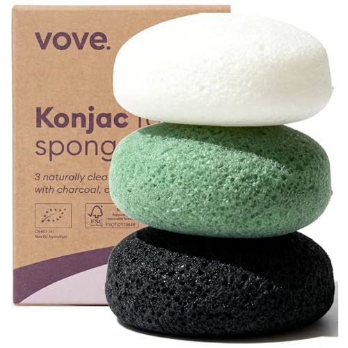 Vove Organic Konjac Facial Sponges 3-Pack - Natural Face Exfoliating Sponges with Bamboo Charcoal & Green Clay, Gentle Cleansing for All Skin Types, Natural Vegan Skincare, Certified Organic