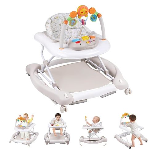 Baby Walker, 5 in 1 Baby Walkers for Boys Girls 6-12 Months, Foldable Walkers for Babies with Bouncer & Feeding Tray, Music, Adjustable Heights, Activity Walker for Infant