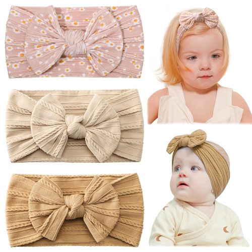 jollybows Baby Girl Headband Bows Nylon Head Wraps Newborn Hairbands Infant Toddler Hair Bow (5- Ginger Beige Small Daisy Print)