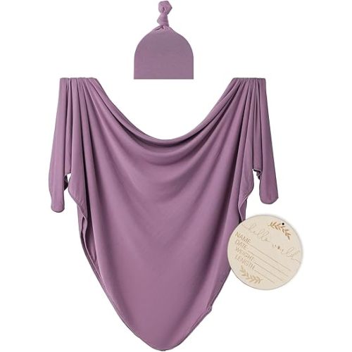 Large Jersey Knitted Swaddle Blanket for Baby, Soft Stretchy Receiving Blanket for Newborns with Hat, Baby Nursery Swaddle 47 x 47 inches(Mauve)