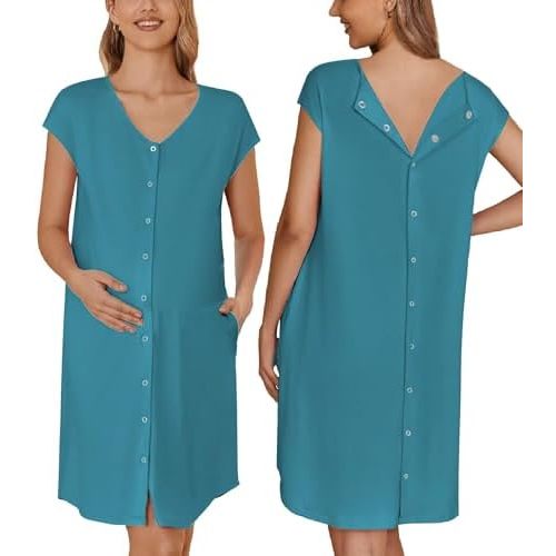 Ekouaer Labor/Delivery/Hospital Gown Nursing Nightgown Maternity Sleepwear With Pockets Postpartum Gowns with Button S-XXL