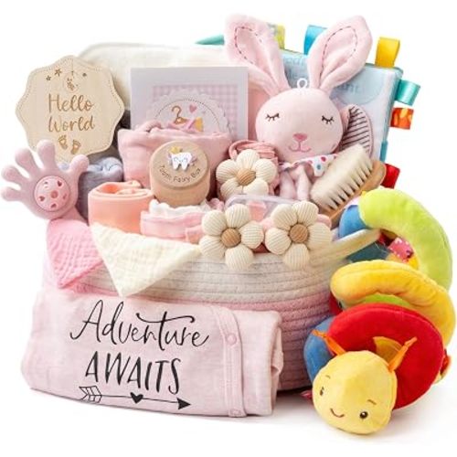 Baby Shower Gifts for Girls, 24 Piece Deluxe Baby Shower Gift Basket - Baby Girl Gift Basket with Swaddle, Rattle, Bath Towel, Brush, Car Seat Activity Toy & Milestone Cards for New Mom(Pink)