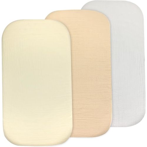 Organic Muslin Bassinet Sheets 3 Pack, 33x17x4 Fitted Sheet for Newborn Boys & Girls, Soft Breathable 100% Cotton, Fits Halo BassiNest, Baby Delight, Graco, Oval & Rectangle Mattress