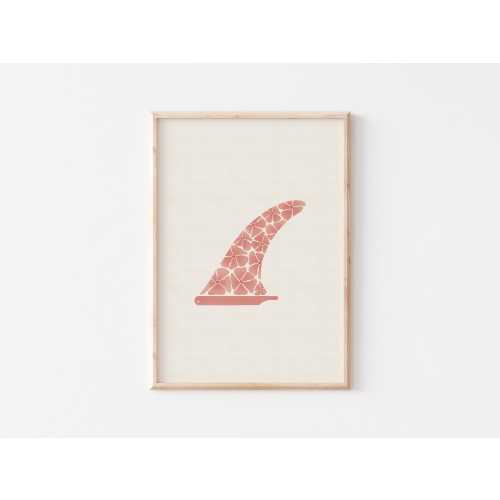 Surf Fin Art Print — Pink Floral Surf Illustration, Boho Coastal Wall Decor