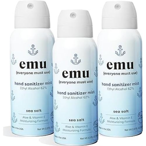 EMU (EVERYONE MUST USE) Hand Sanitizer pocket spray, Travel size 2.2oz. Cleanses Your Hands, Hydrating. Hand soap bulk. 24-hour disinfectant sanitizing. Made in USA (Pack3_Sea_Salt)