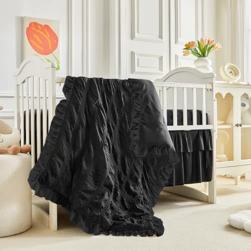 Ruffled Mini Crib Bedding Set Baby Boho Quilted Comforter with Fitted Sheet and Bed Skirt - Cute Soft Breathable Seersucker Shabby Chic Bedding Soft Blanket Only for Mini Crib Black
