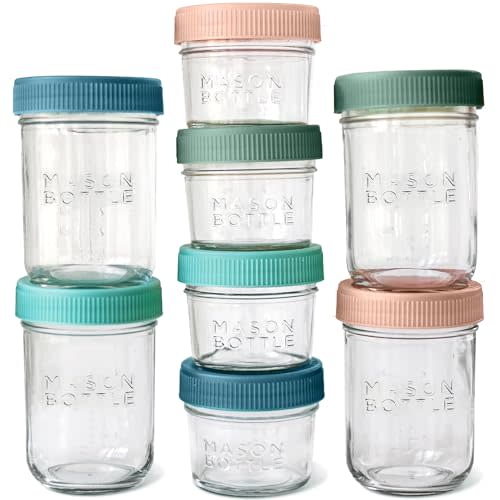 Mason Bottle Breast Milk Storage Jars (4oz & 8oz, 8-Pack) – Reusable Glass Baby Food Containers with Lid for Baby Formula & Breastmilk – Airtight, Stackable, Freezable (Deep Ocean)