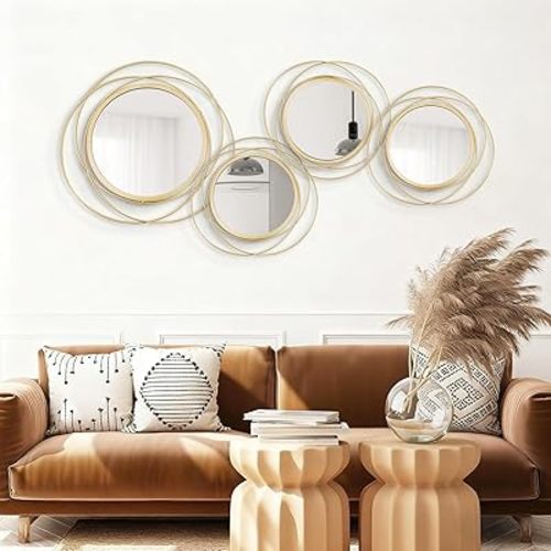 4 Set. Circle Mirrors for Wall Decor for Living Room Bedroom Bathroom Entryway Metal Round Mirror Decorative Hanging Mirrors Sun Bohemian Geometric Accent Sculpture -Gold 11 in/9.2 in