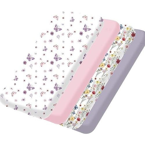 Pack and Play Sheets Fitted 4 Pack, 38 x 26 Inch Pack n Play Mini Crib Sheets for Boys and Girls, Soft Stretchy Playard Mattress Sheets for Graco Pack n Play, Butterfly Meadow