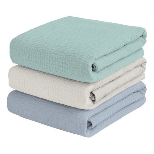 Muslin Swaddle Blankets for Newbron, Receivig Blankets for Boys, Large 47x47 Inch Soft Brethable Lightweight Cotton Blankets, 3 Pack, (Green, Cream White, Blue)