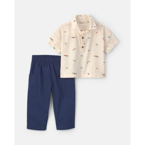 Baby Boy 2-Piece Chambray Short-Sleeve Top & Pant Set - Cream/Blue | Carter's