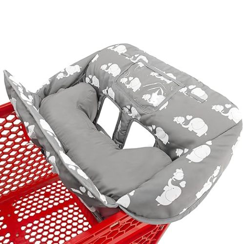 Love&go Soft Pillow Attached 2-in-1 Shopping Cart and High Chair Cover for Baby, Cotton Padded Cart Cover, Fold'n Roll Style, Portable with Carry Bag (Pink Elephant)