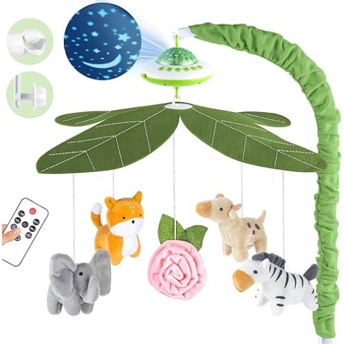 Baby Crib Mobile with Music and Lights, Nursery Baby Mobile for Crib Bassinet with Remote Control, Rotation, Starlight Projection, Crib Toys for Babies Boys Girls Green