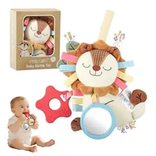 TYRY.HU Car Seat & Stroller Activity Toy,Soft Plush Cot Hanging Toy, Baby Rattle Toy with Strap,Developmental Sensory Toy-Textured Ribbons&Teether&Mirror&Crinkle Sounds for Infants 0 3 6 12 Months