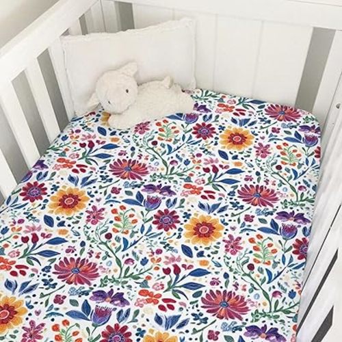 Vintage Wildflowers Baby Crib Sheets Boys & Girls Colorful Floral Leaves Soft Snug Fitted Newborn Bedding Nursery Baby Sheets 52x28 Standard Crib Mattress Covers Garden Meadow