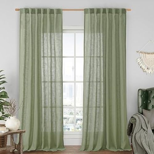 LAMIT Sage Green Linen Curtains for Living Room, 84 inch Length, 2 Panels, Light Filtering Semi Sheer, Back Tab and Rod Pocket, Neutral Panels for Bedroom/Sliding Glass Door, 52 x 84 Inch