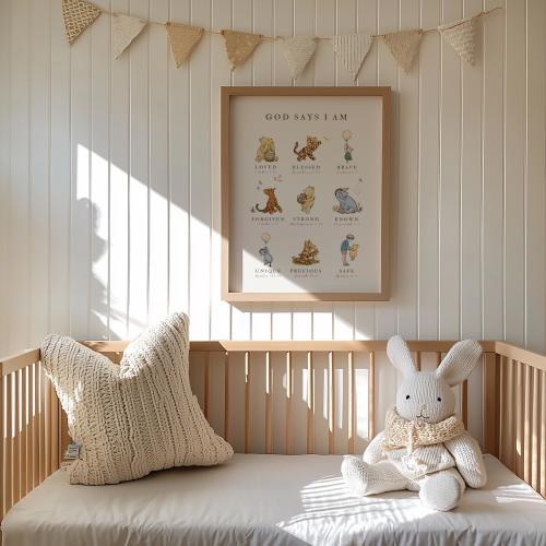 Classic Winnie the Pooh Wall Art, God Says I AM Biblical Affirmations, Christian Nursery Decor