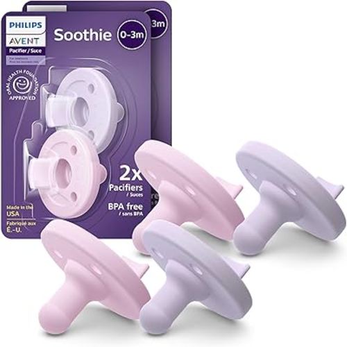 Philips Avent Soothie Baby Pacifier for 0-3 Months, BPA-Free, 4-Pack | Supports Natural Suckling, Medical Grade Silicone, Hospital-Grade Sterilization, One-Piece Design, Lilac/Pink, SCF190/70