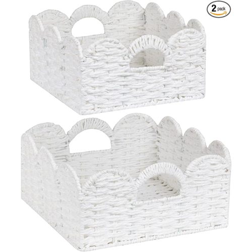 Scalloped Wicker Basket Natural Paper Rope Storage Baskets with Handles Handwoven Organizer Bin Wicker Storage Baskets for Home Decor, Organizing, 2 Pack (White)