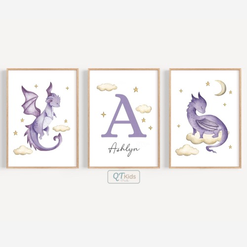 Dragon Nursery Prints, Personalized Girl Name Nursery Playroom Wall Art, Purple Dragons Prints, Fairytale Castle Posters, DIGITAL DOWNLOAD
