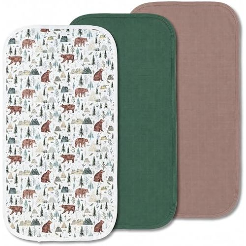 Organic Muslin Portable Changing Pad Liner – Waterproof Reusable Baby Diaper Changing Pad Cover for Travel, Forest Woodland Bear, 3 Pack