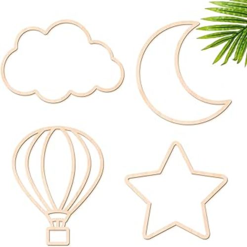 4 Pieces Boho Nursery Cloud Star Wall Decor Wooden Babyroom Moon Rattan Wall Decor Wooden Rainbow for Children Baby Kids Boys Girls Bedroom Nursery Pendant(Cloud Star Moon Hot Air Balloon)