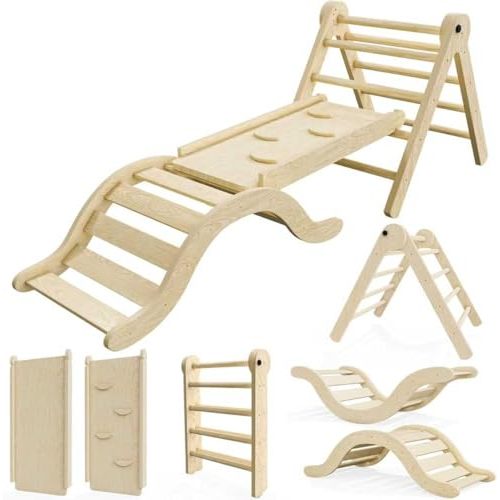 Pikler Triangle Set Climber 5 in 1, Toddler Climbing Toys Indoor Folding with Ramp & Arch for Montessori Play Gym for Toddlers and Kids (Natural)(99" Wx21 Dx23 H)