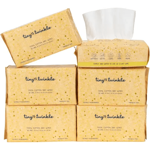Tiny Twinkle 100% Cotton Dry Wipes for Baby | 480 Count | Use Wet or Dry | Scent Free (Fragrance-Free), Hypoallergenic & Chemical-Free | Ultra Soft, Strong & Gentle for Sensitive Skin